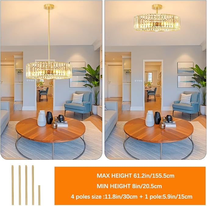 Gold Crystal Chandelier for Dining Room, 6-Light Modern Semi Flush Mount - Image 4