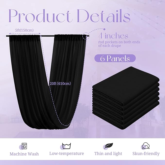 6 Panels Black Ceiling Drapes for Wedding, 5ftx20ft Ceiling Drapes Cheesecloth - Image 2