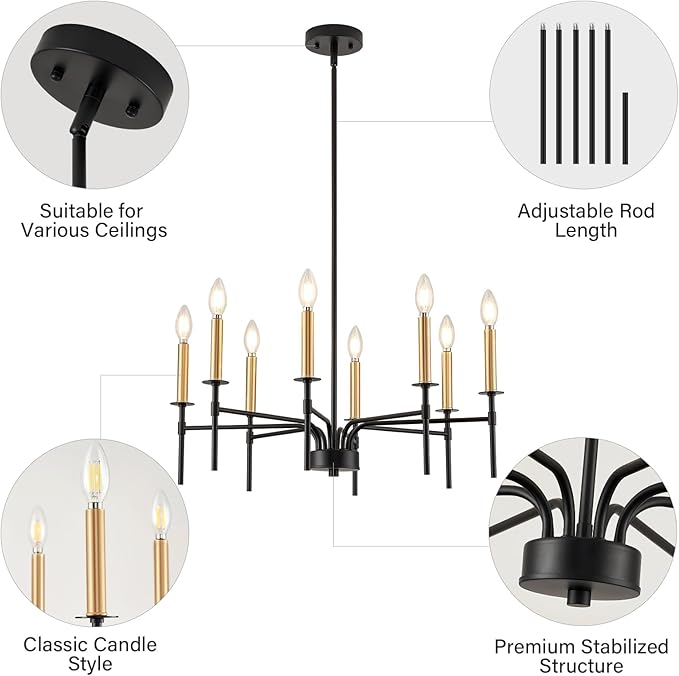 8 Light Modern Farmhouse Black and Gold Chandelier - Image 8