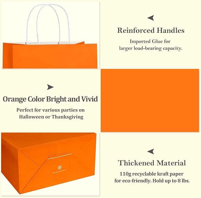 BagDream 8x4.25x10.5 Inch 100Pcs Orange Gift Bags Medium Size, Kraft Paper Bags - Image 6