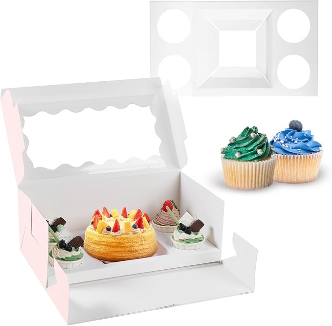 JCD 8 Packs Pink Bento Cake and Cupcake Box 5 Holes Fit 4 Cupcakes and 1 Mini by JCD