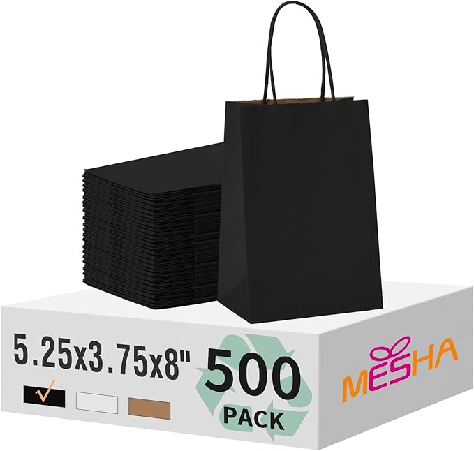 MESHA Gift Paper Bags 500 PACK 5.25x3.75x8'' Black Medium Shopping Kraft Bags by MESHA