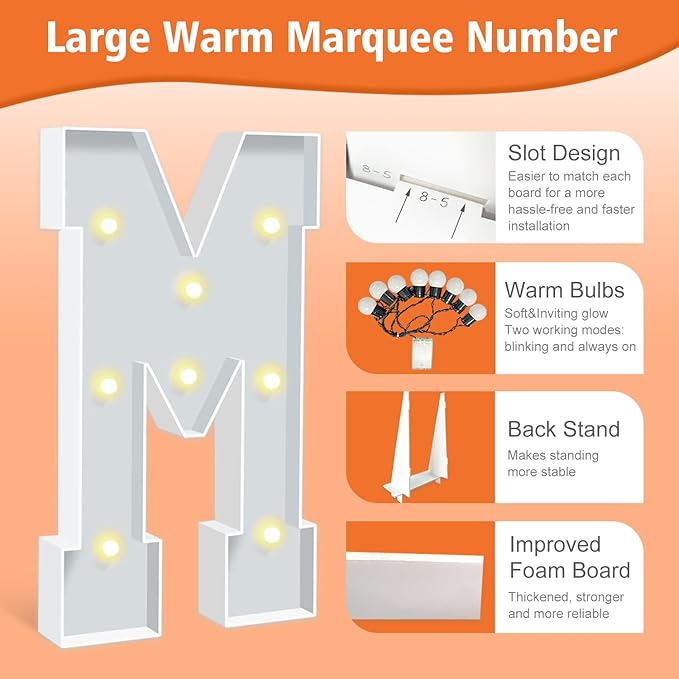 3FT Marquee Light Up Letters M, Warm White Light Up Letter, Large Marquee - Image 3