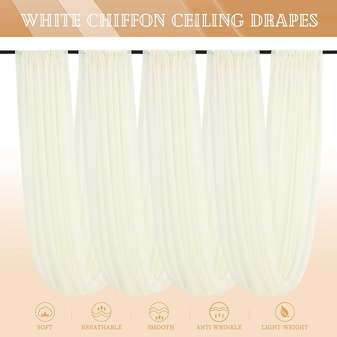 4 Panels Ivory Ceiling Drapes for Wedding 5ftx40ft Sheer Drapery Chiffon Fabric - Image 6