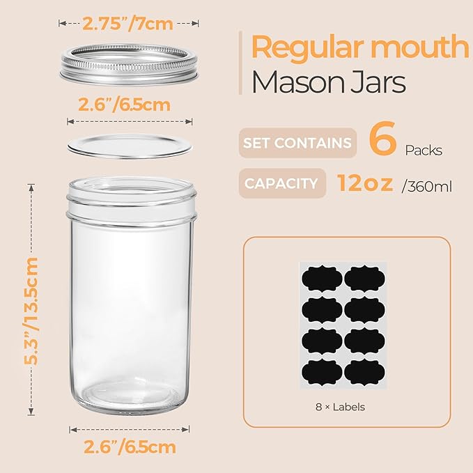 ComSaf 12 oz Mason Jars with Lids 6 Pcs, Regular Mouth Canning Jars with Seal - Image 2