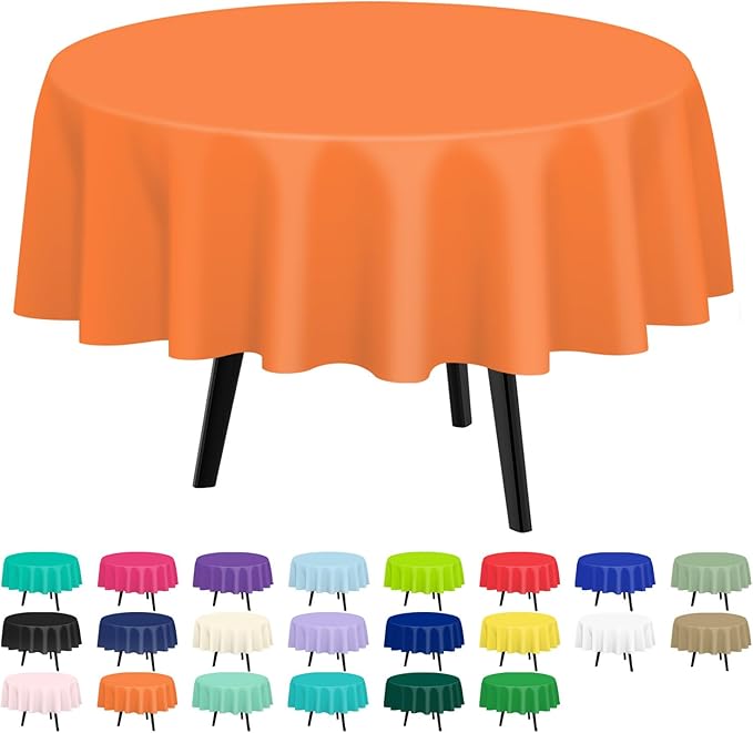 QIKSION Orange Round Tablecloth 12 Pack, 84 Inch Plastic Table Cover Disposable by QIKSION