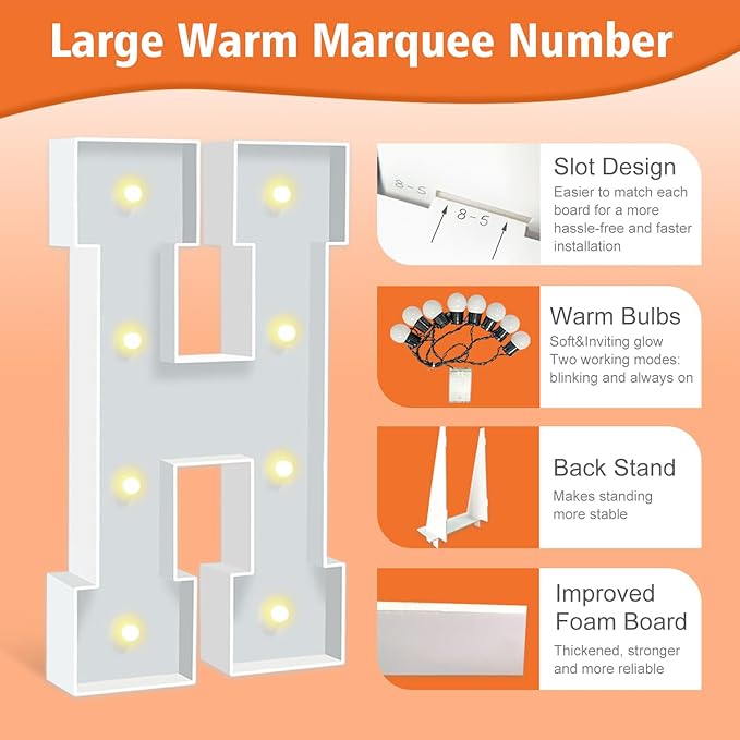 3ft Marquee Letters H, Light Up Letters, A-Z Warm Yellow LED Light Up Sign - Image 3