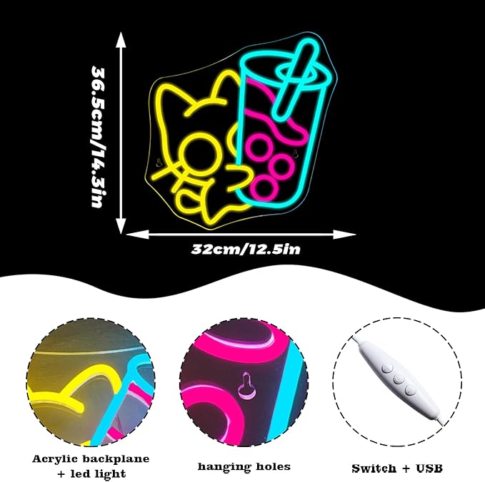 Looklight Cat Boba Tea Neon Sign, Dimmable LED Neon Light Bar Sign, USB Light - Image 2