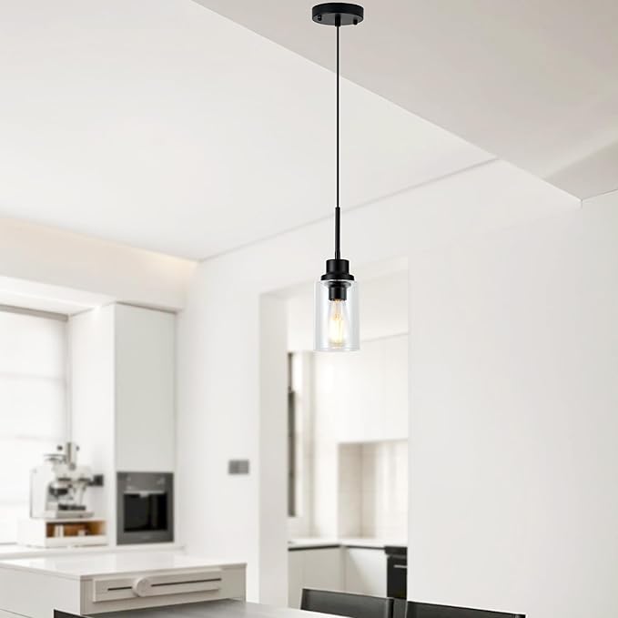 Island Lights for Kitchen, Modern Black Farmhouse Clear Glass Cylinder Pendant - Image 9