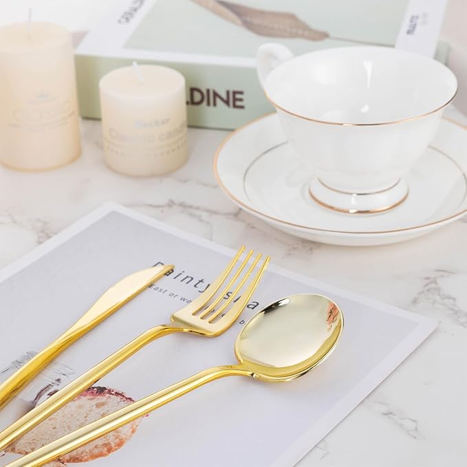 150PCS Gold Plastic Silverware, Heavy Duty Disposable Utensils Include 50 Forks - Image 6