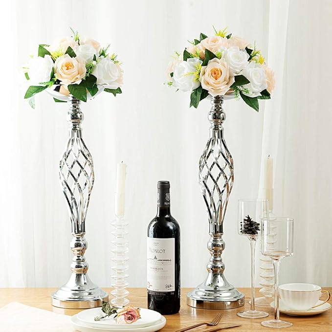 LANLONG 2pcs Metal Silver Candle Holders Road Lead Table Centerpiece Stand - Image 5