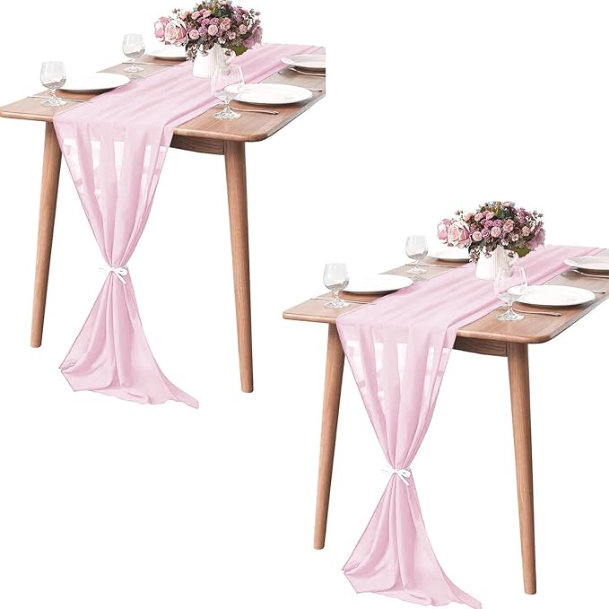 2 Pack 10Ft Blushing Pink Chiffon Table Runner Sheer 29x120 Inch by Pufogu