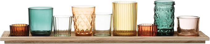 Creative Co-Op Round Glass Votive Holders on Wood Tray - Image 6