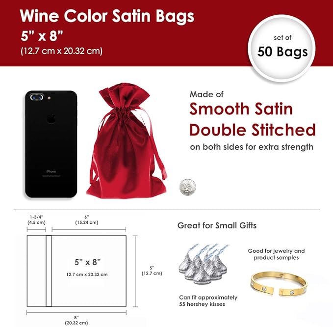 5" x 8" Wine Satin Gift Bags, Jewelry Bags, Wedding Favor Drawstring Bags Baby - Image 4