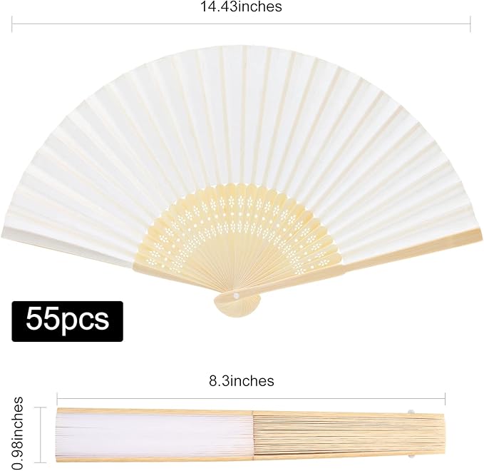FEPITO 55 Pieces White Handheld Paper Fan Paper Folding Fans - Image 2