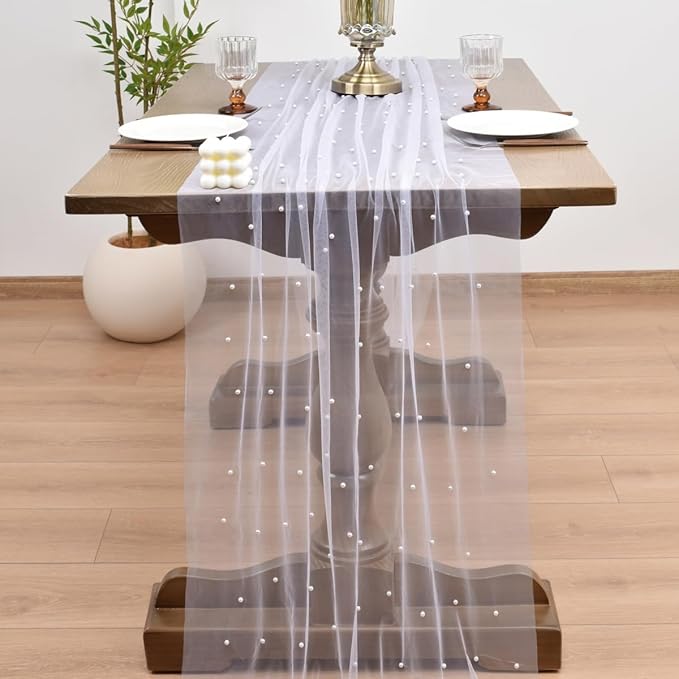 Joanlody Fall Pearl Table Runner 10ft Rustic Boho Tulle Table Runner - Image 6