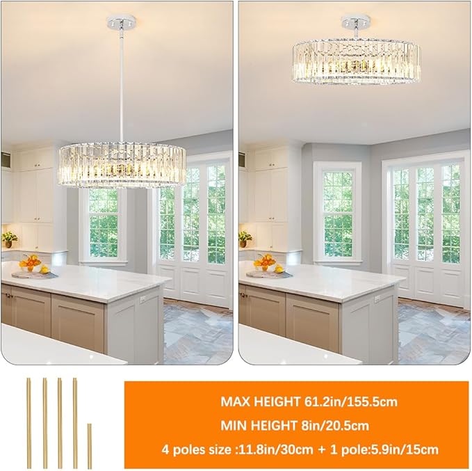Modern Crystal Chandelier for Dining Room, 6 Light Chrome Semi Flush Mount - Image 4