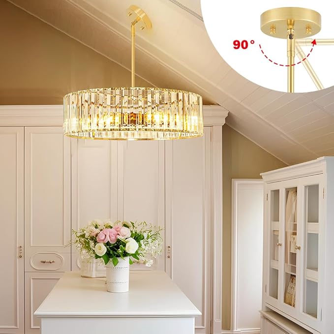 Gold Crystal Chandelier for Dining Room, 6-Light Modern Semi Flush Mount - Image 3