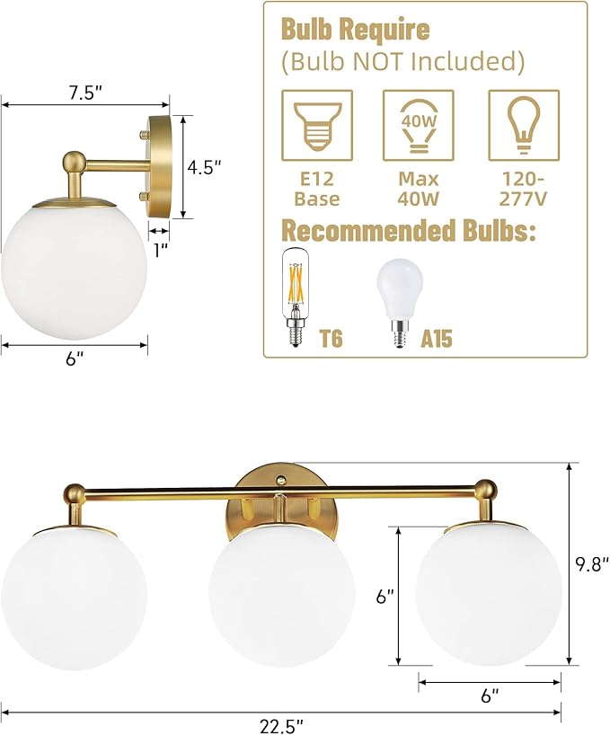 Gold Vanity Light for Bathroom, Modern Bathroom Light Fixtures Over Mirror - Image 6