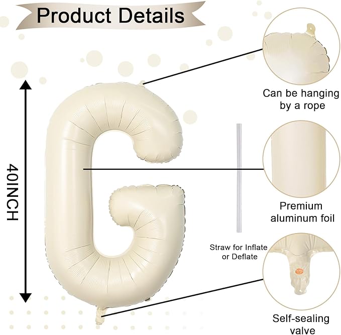 40 Inch Letter Balloons G, Big Custom A-Z Alphabet Foil Name Balloon Cream White - Image 2