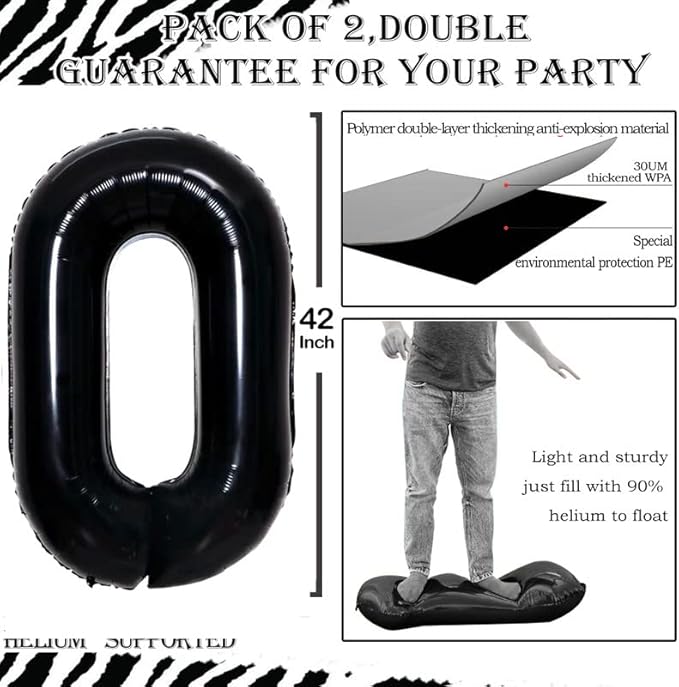 GOER 2 Pcs 42 Inch Black Foil Balloons Number 0 - Image 3