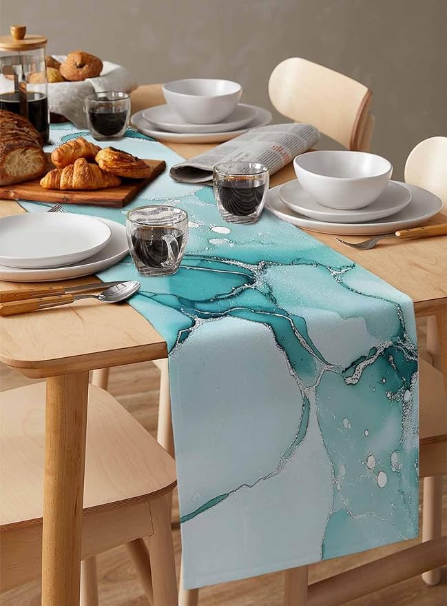Turquoise Marble Cotton Linen Table Runner - Image 3