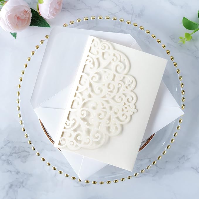 ponatia 5.12 x 7.2 Ivory Laser Cut Wedding Invitations, Trifold Laser Cut - Image 5