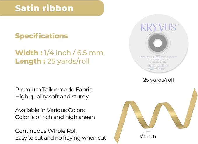 Light Gold Satin Ribbon 1/4 inch X Continuous 25 Yards, Single Face Polyester - Image 3