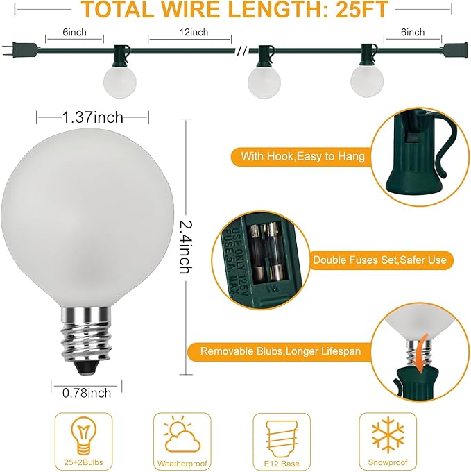SUNSGNE G40 Round Christmas Lights Outdoor, 25ft Vintage Christmas Globe Lights - Image 2