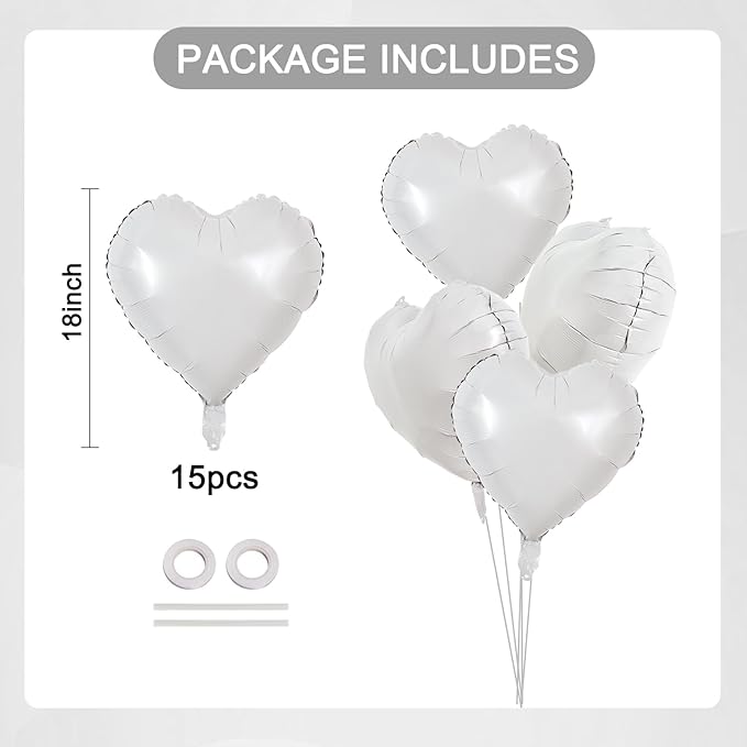 TONIFUL 15Pcs 18 Inch White Heart Balloons White Heart Shape Foil Mylar - Image 2