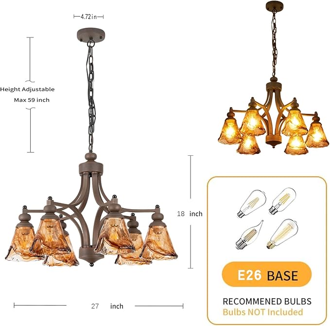 Vintage Farmhouse Chandelier, 27 Inch Adjustable Amber Glass Rust-Finish Metal - Image 4