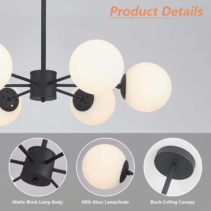 KCO Lighting Matte Black Sputnik Chandelier Light Fixture Mid Century 6-Light - Image 3
