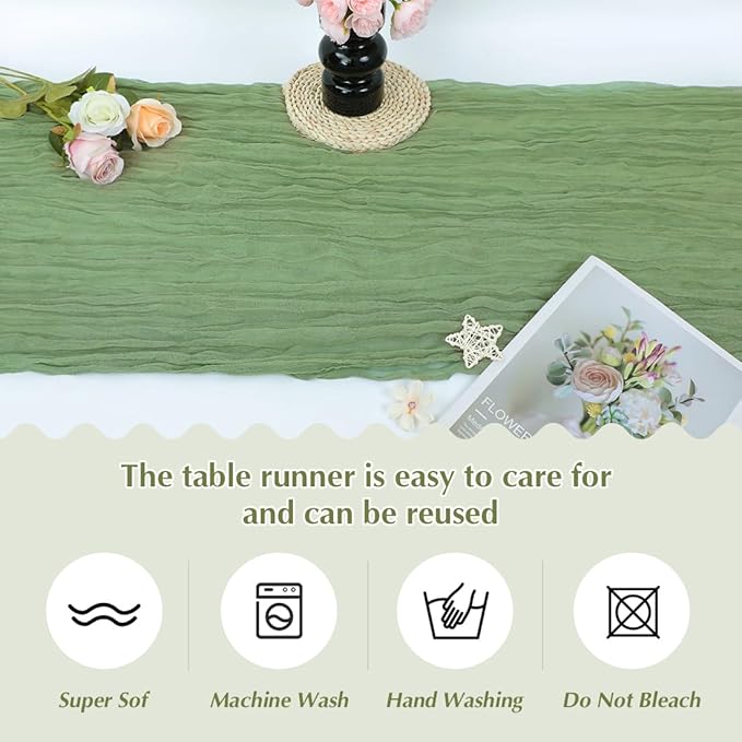 Olive Green Cheesecloth Table Runner -21*120Inch Long Boho Wedding Table Decor - Image 4