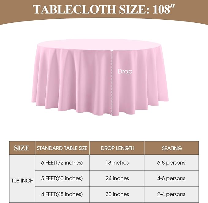 Round Tablecloth 6 Pack 108 Inch Pink Tablecloths Washable Decorative Linen - Image 6