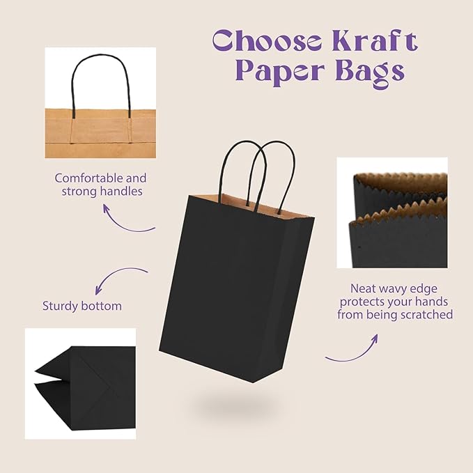 MESHA Gift Paper Bags 500 PACK 5.25x3.75x8'' Black Medium Shopping Kraft Bags - Image 5