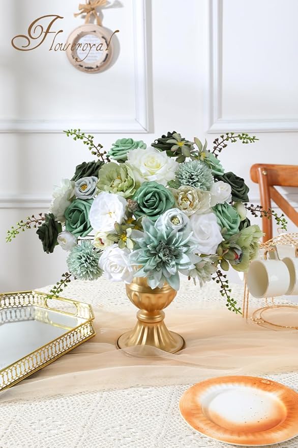 Floweroyal Artificial Flowers Combo Green Flowers Mix Silk Flowers Dahlia Roses - Image 3