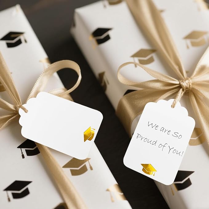 100Pcs Blank Gift Tags with String Foil Gold Grad Cap Large White Paper Gift - Image 2