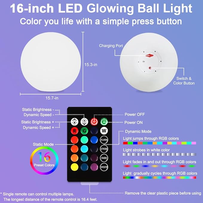 16 In Cordless LED Glowing Ball Light, LED Globe Orb Night Light w/Remote - Image 9