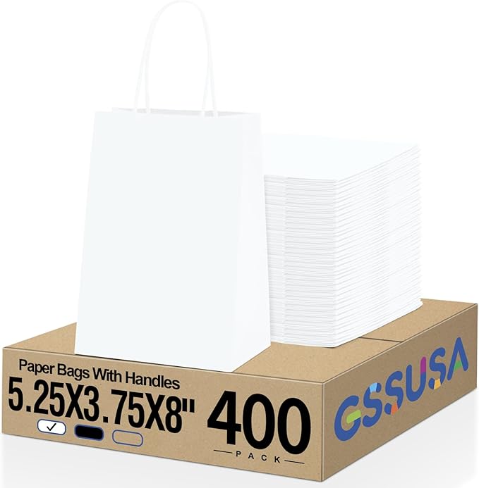 GSSUSA White Gift Bags 5.25x3.75x8 400Pcs, Paper Bags by GSSUSA