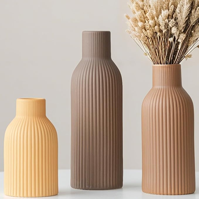 Modern Ceramic Vases Set of 3, Coffee Table Ribbed Decorative Vases, Shelf by Vaurcesavase