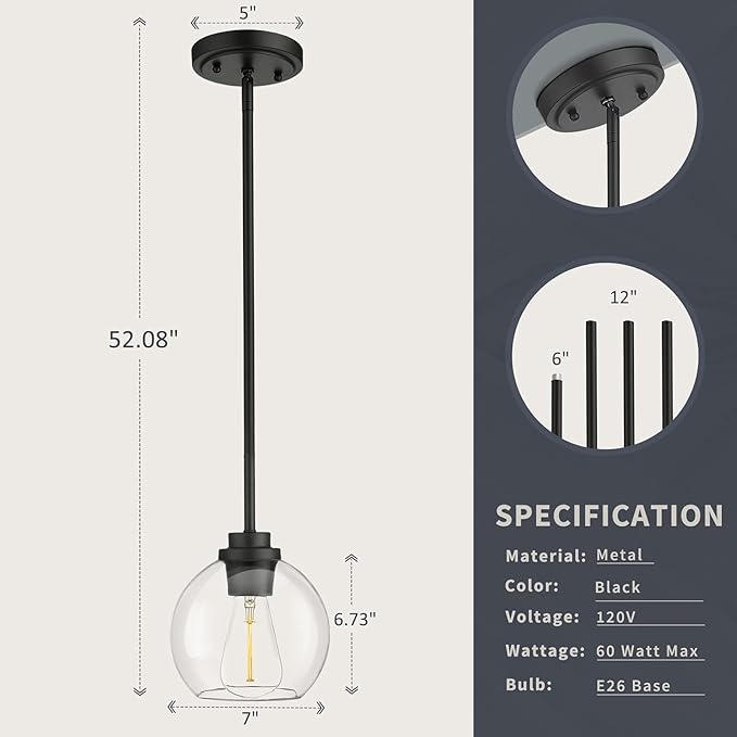 Pendant Light Fixtures, 7 Inch Globe Black Pendant Lights Kitchen Island - Image 6