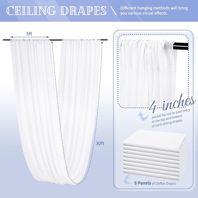 8 Panels White Ceiling Drapes for Wedding 5ftx30ft Sheer Drapery Chiffon Fabric - Image 2