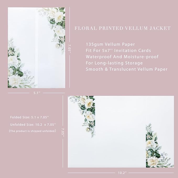 PONATIA 50 PCS Vellum Jackets for 5x7 Invitations- 135gsm White Floral Printed - Image 4