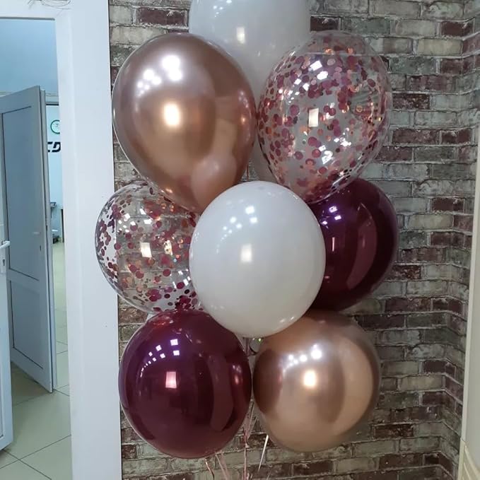 Burgundy Red Balloons, Wine Red and Rose Gold Confetti Balloon - Image 4