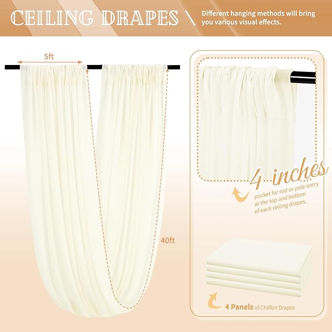 4 Panels Ivory Ceiling Drapes for Wedding 5ftx40ft Sheer Drapery Chiffon Fabric - Image 2