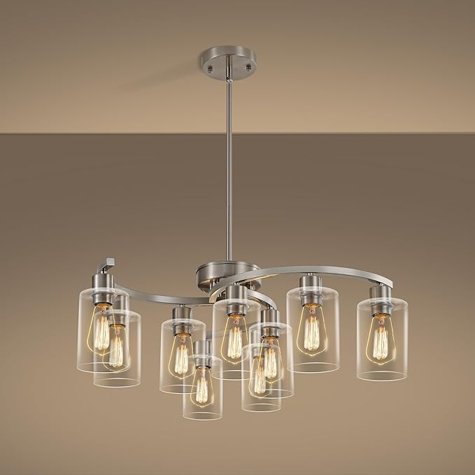 9-Light Brushed Nickel Glass Chandelier, Adjustable Height Hanging Industrial by CNRATYE