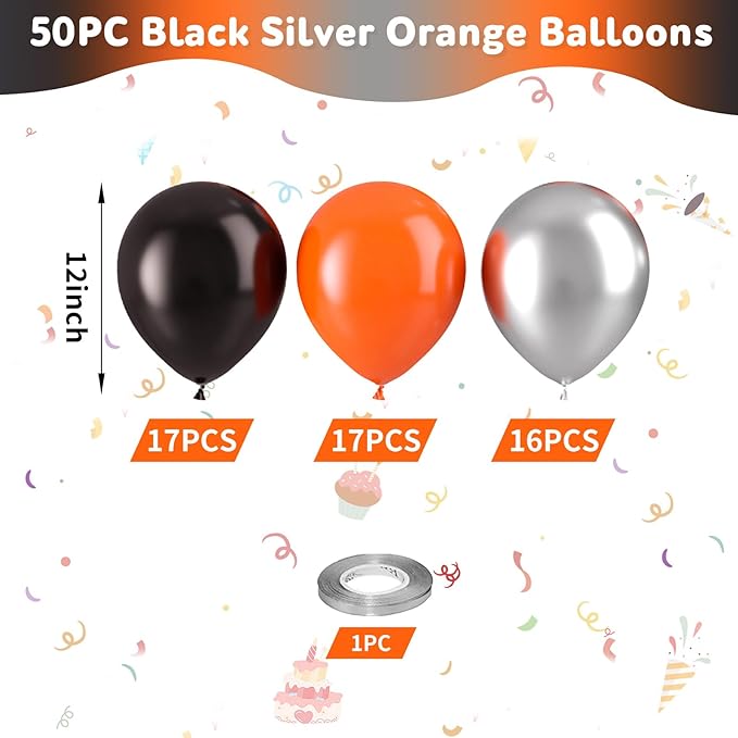 Black Orange Silver Balloons, Metallic Silver Matte Orange Black Balloon - Image 6