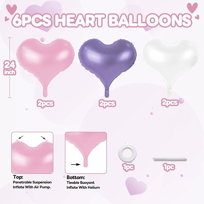 24 Inch Pink Purple White Heart Balloons, Heart Balloon - Image 2