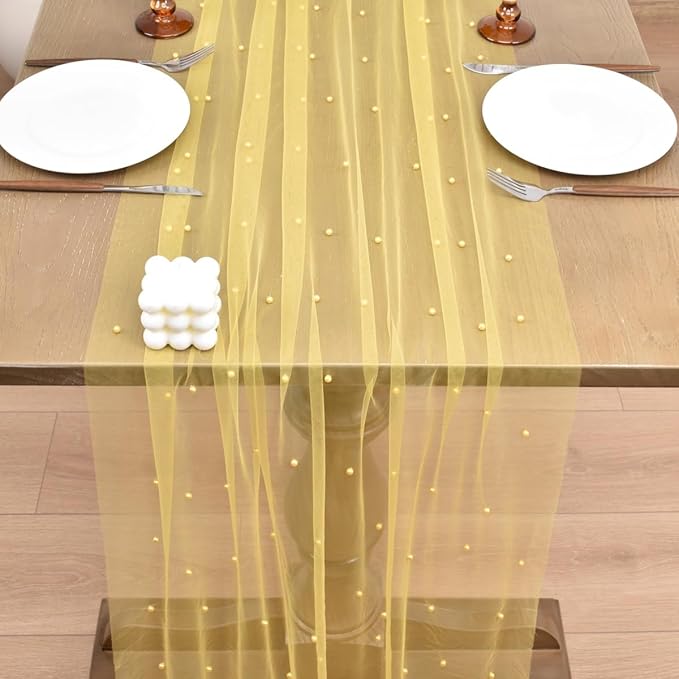 Joanlody Fall Pearl Table Runner 10ft Rustic Boho Tulle Table Runner - Image 5