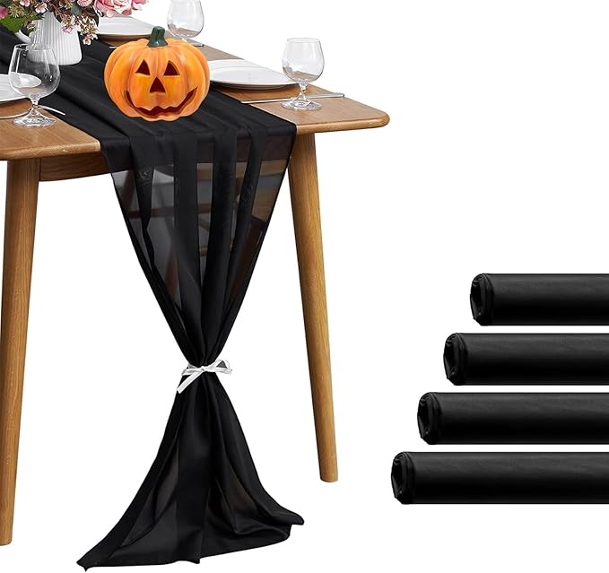 5 Pack 10Ft Black Chiffon Table Runner Sheer 29x120 Inch by Pufogu